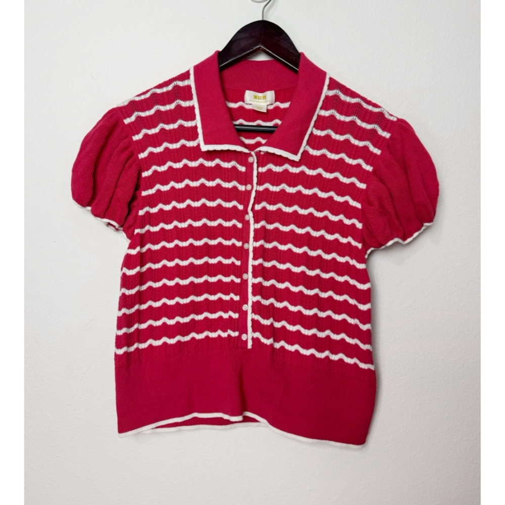 Maeve Knit Polo Shirt Size L Red White Striped Puff Sleeve Preppy Retro Collared - Picture 2 of 7
